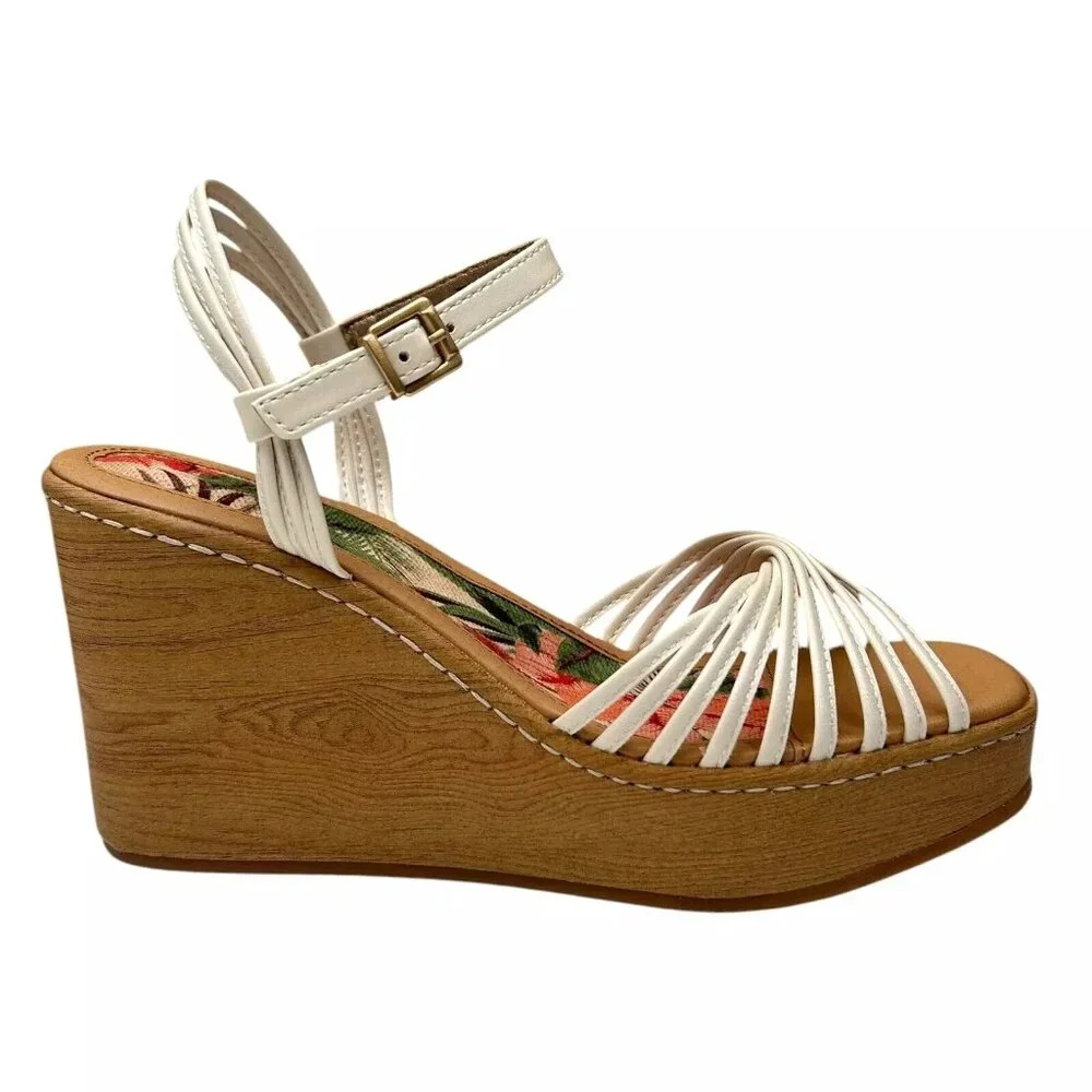 BOC Catalina Women's Platform Wedge Sandal Size 8 White/Tan‎ Glossy Straps Twist